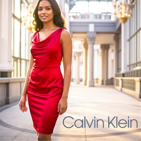 Calvin Klein Dresses & Skirts - CALVIN KLEIN Cowl Neck Sophisticated And Sexy Satin Red CocktailDress NWT Sz 8